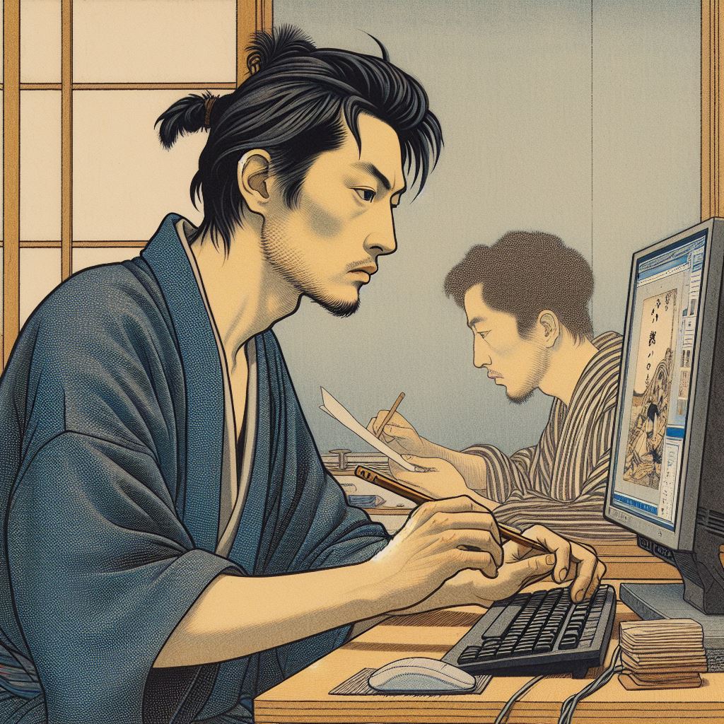 40代の日本人男性がパソコンを見ている。